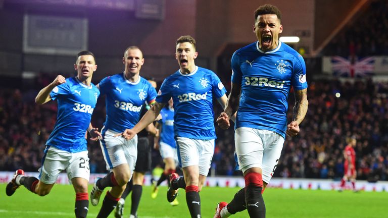 Rangers' James Tavernier (right) celebrates one of his eight goals in all competitions this season