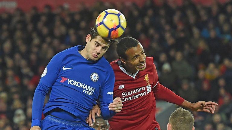 Alvaro Morata vies with Joel Matip during Chelsea's draw at Liverpool