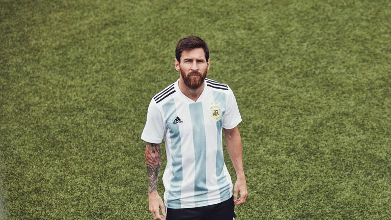 Lionel Messi wears Argentina's World Cup home shirt