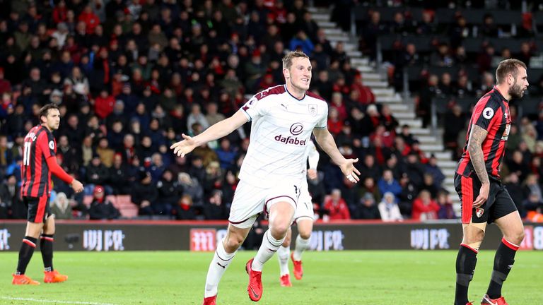 Chris Wood celebrates his first-half goal for Burnley