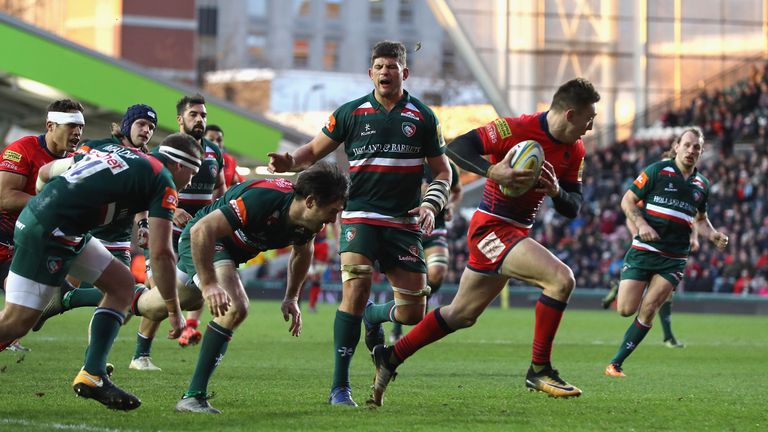 Josh Adams scores his second try for the Worcester in their superb win over Leicester