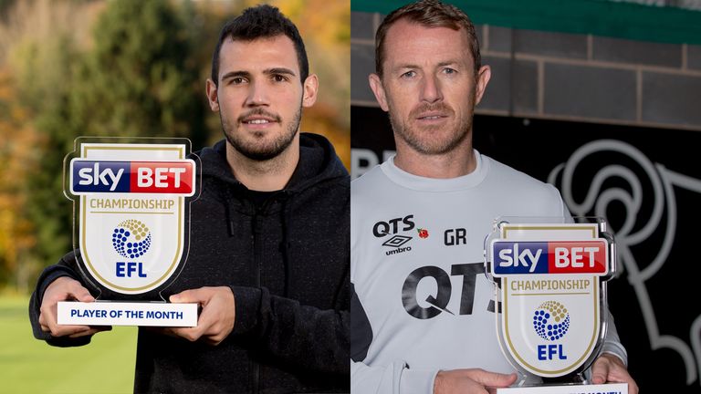 Leo Bonatini (L) won the Sky Bet Championship Player of the Month Award for October while Gary Rowett won the Manager Award