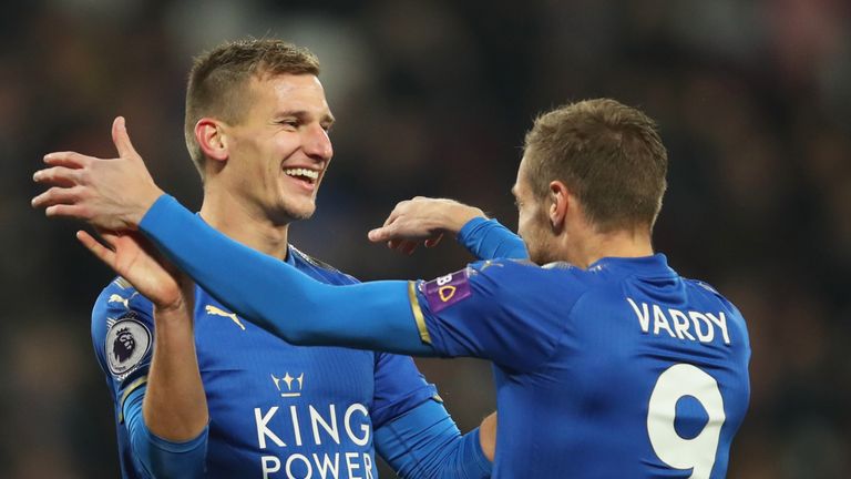Marc Albrighton celebrates his opening goal with Jamie Vardy