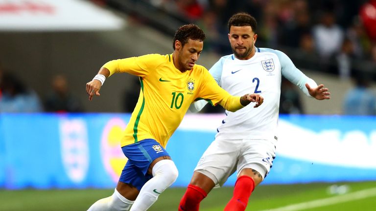 Neymar and Kyle Walker in action during the 0-0 draw at Wembley