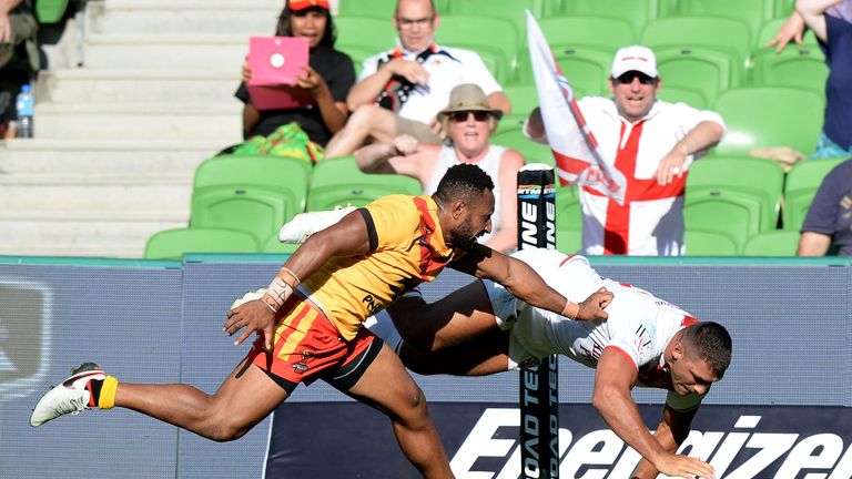 Ryan Hall crosses the line during England's quarter-final against PNG