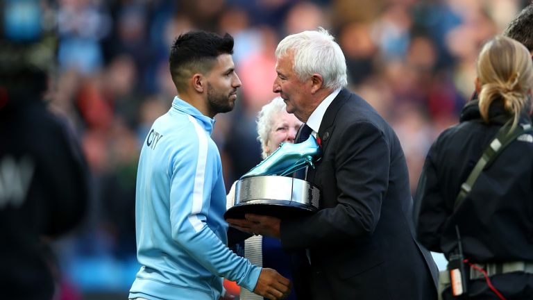 Aguero was presented with the an award for becoming Manchester City's all time top goal soccer 