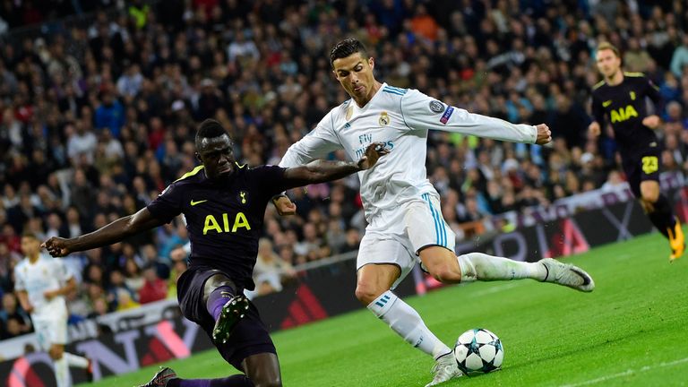 Davinson Sanchez in action against Real Madrid forward Cristiano Ronaldo in the Champions League