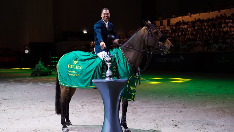 Kent Farrington, riding Gazelle, celebrates his victory in the Rolex Grand Prix in Geneva in December