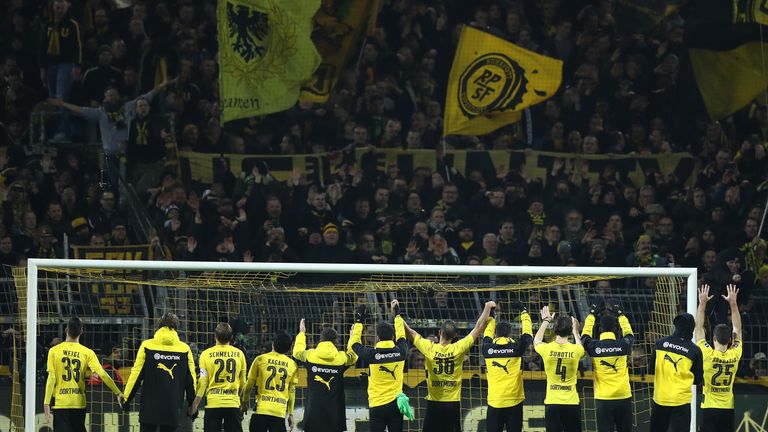 Dortmund celebrate in front of their supporters after the securing a second win in a row