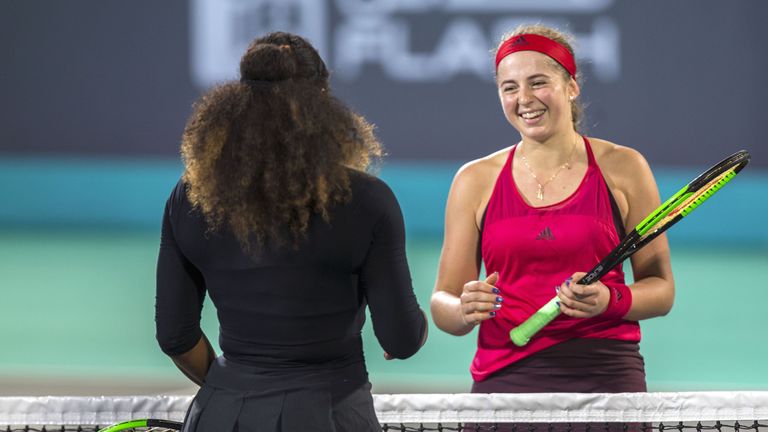 Jelena Ostapenko smiles and greets Williams after her victory