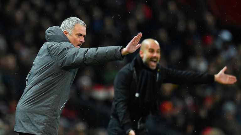 Jose Mourinho and Pep Guardiola on the touchline at Old Trafford during the Manchester Derby