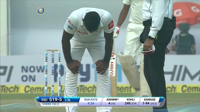 Lahiru Gamage felt the effects of the smog on day two of the third Test