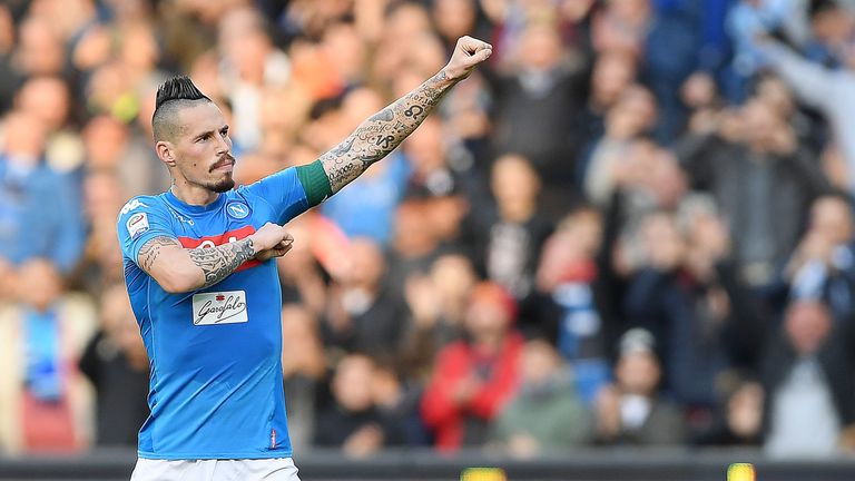 Marek Hamsik celebrates scoring his 116th goal for Napoli