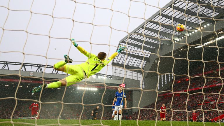 Mohamed Salah (not pictured) curls his effort beyond Jordan Pickford to make it 1-0 to Liverpool
