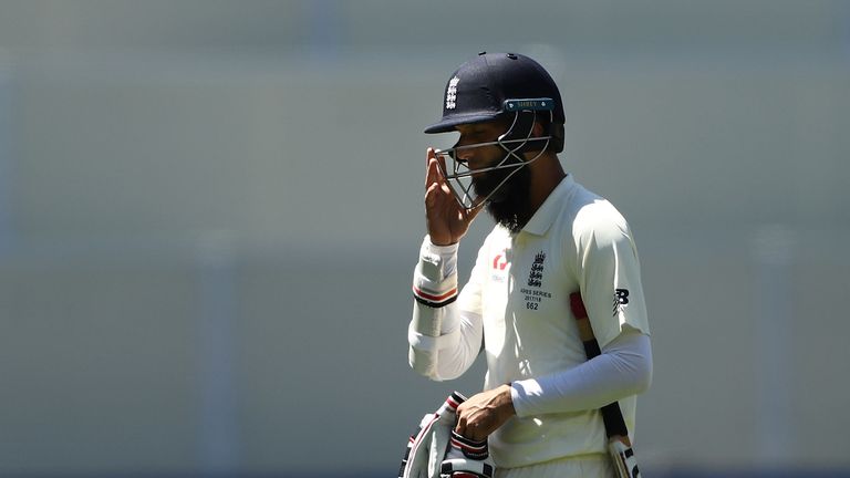Ali looks dejected after being dismissed by Nathan Lyon on day five in Adelaide