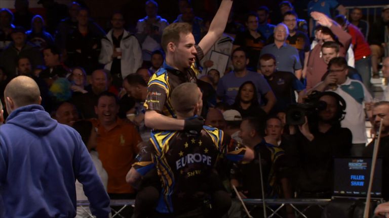Filler and Jason Shaw celebrate their victory over Shane van Boening and Oscar Dominguez