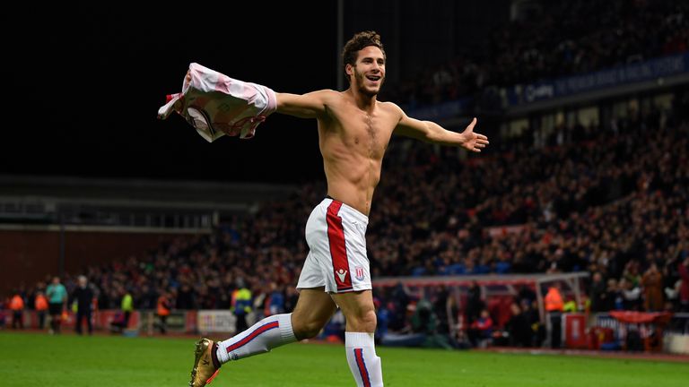 Ramadan Sobhi celebrates after scoring Stoke's third goal at home to West Brom