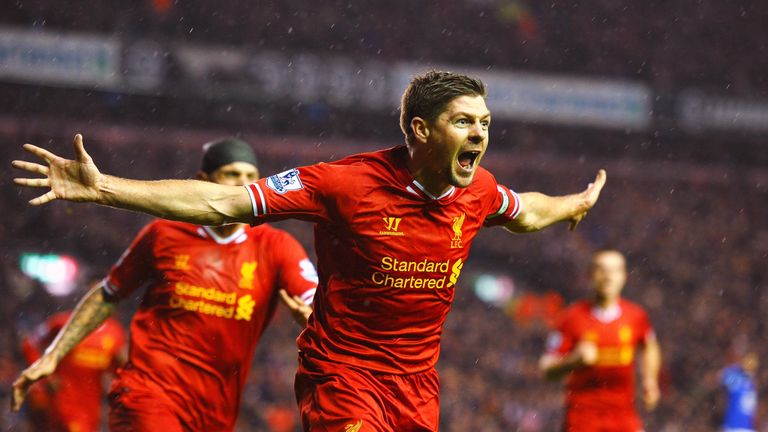Steven Gerrrard celebrates during Liverpool's 4-0 win over Everton in 2014