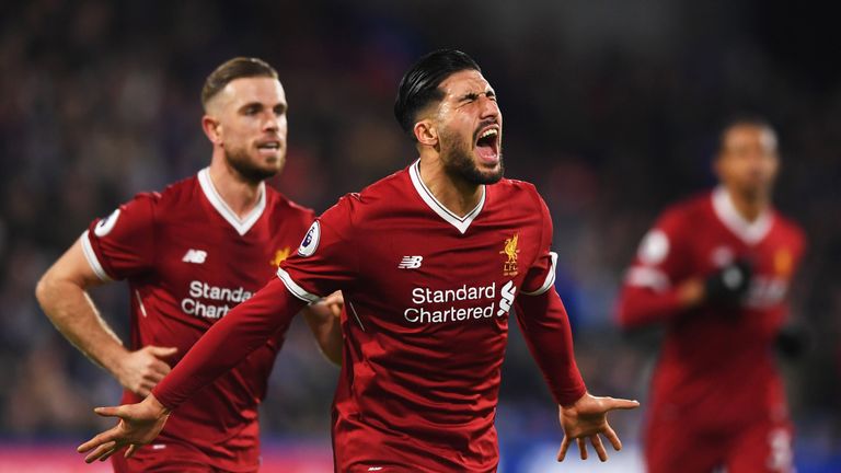 Emre Can celebrates after he scores for Liverpool's opening goal against Huddersfield