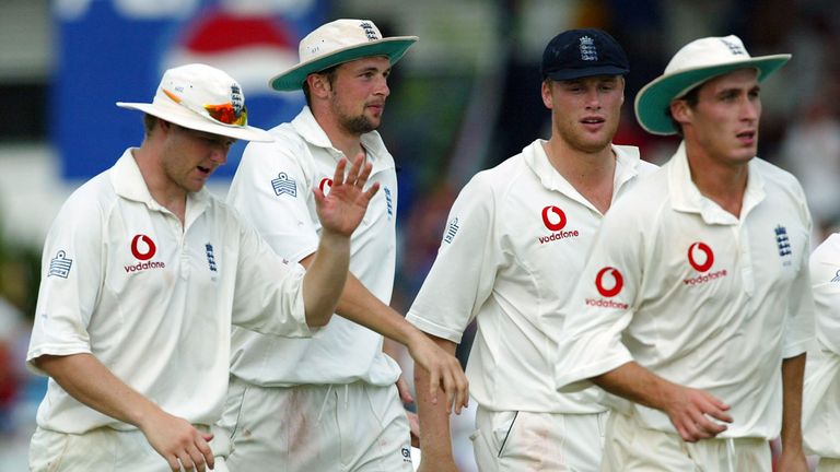 (R-L) Matthew Hoggard, Steve Harmison, Andrew Flintoff, and Simon Jones in action for England