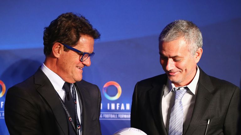 Fabio Capello pictured with Jose Mourinho at Gianni Infantino's inauguration as FIFA president
