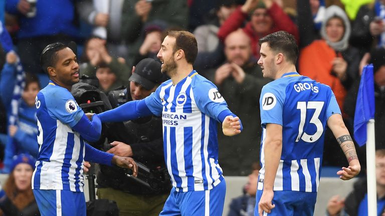 Glenn Murray celebrates scoring his team's second goal with Jose Izquierdo