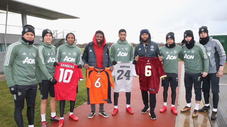 The NFL stars stopped by to visit the first team at their Carrington base