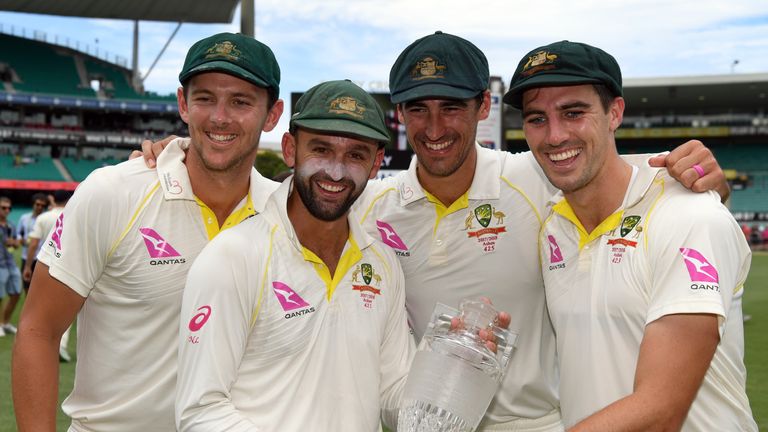 (R-L) Josh Hazlewood, Nathan Lyon, Mitchell Starc and Pat Cummins celebrate winning the Ashes