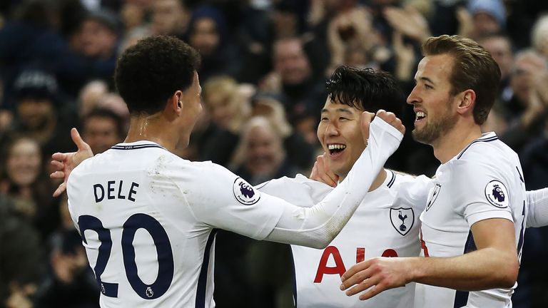 Heung-Min Son celebrates with Dele Alli and Harry Kane after scoring
