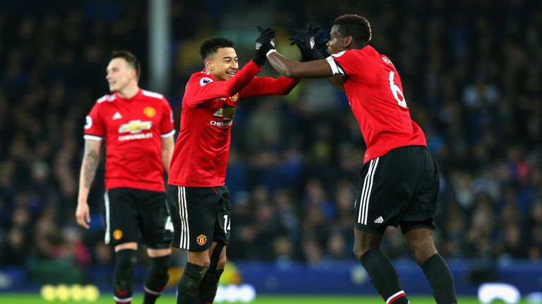 Jesse Lingard celebrates with Paul Pogba after scoring United's second