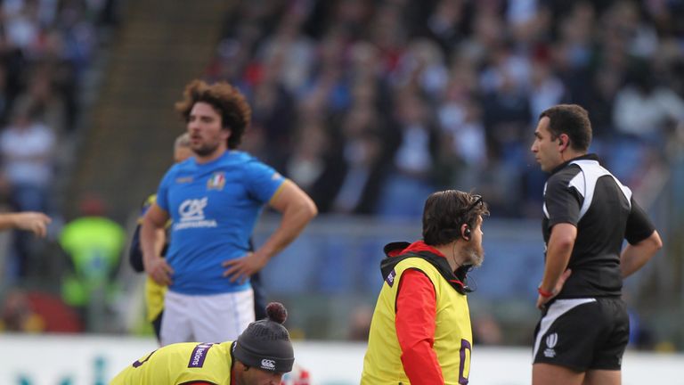 Youngs receives treatment during England's opening Six Nations match against Italy