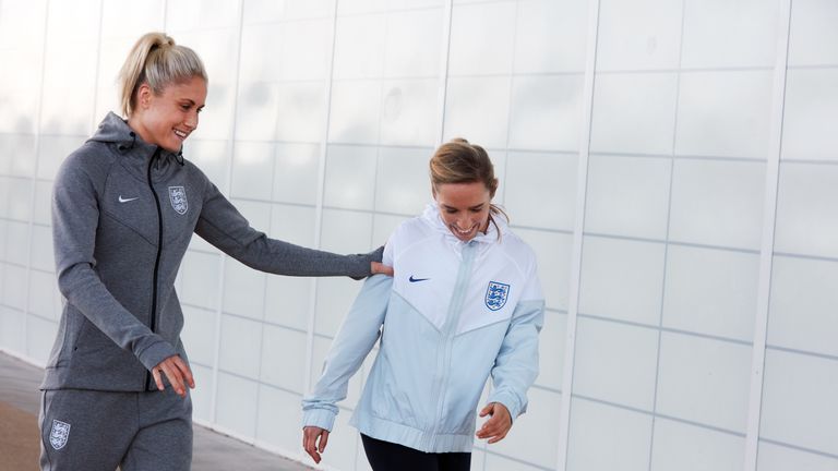 Steph Houghton and Jordan Nobbs in some of the new 2018 England training kit
