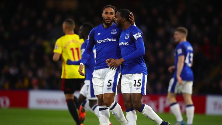 Ashley Williams and Cuco Martina speak during Everton's defeat at Watford