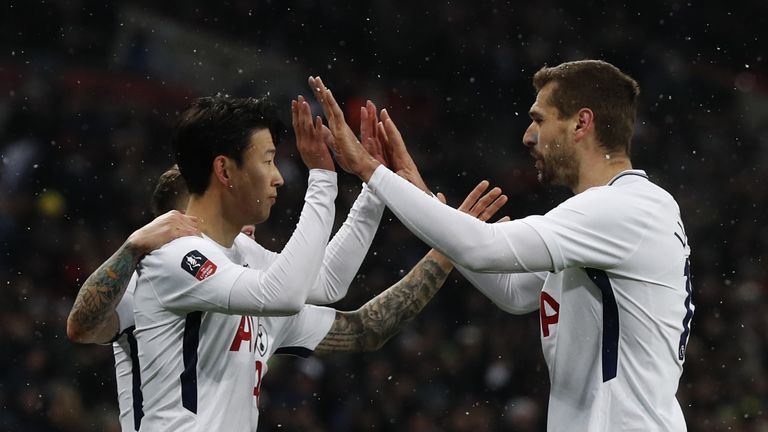 Heung-min Son and Llorente celebrate at Wembley