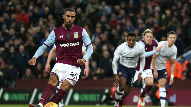 Lewis Grabban scores for Villa from the penalty spot against Preston