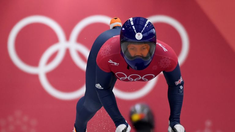 Lizzy Yarnold starts her women's skeleton training session at the Olympic Sliding Centre
