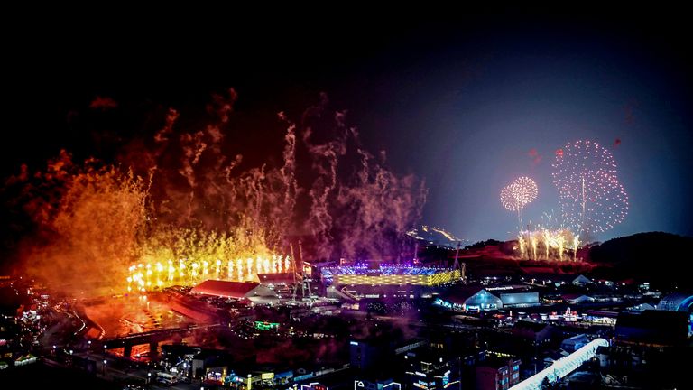 Fireworks go off during the opening ceremony of the Pyeongchang 2018 Winter Olympic Games