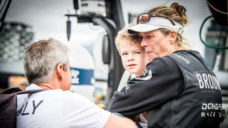 Brouwer with her son Kyle after arriving in Melbourne at the end of Leg 3 (Pic: Jesus Renedo/Volvo Ocean Race)