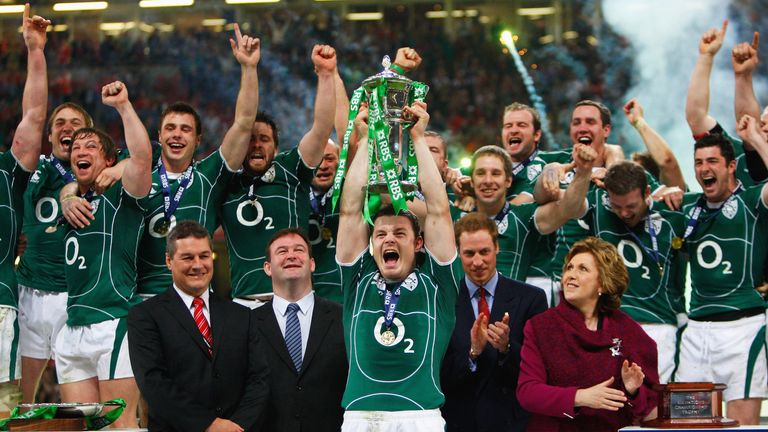 Brian O'Driscoll of Ireland lifts the trophy after Ireland won the Grand Slam in 2009