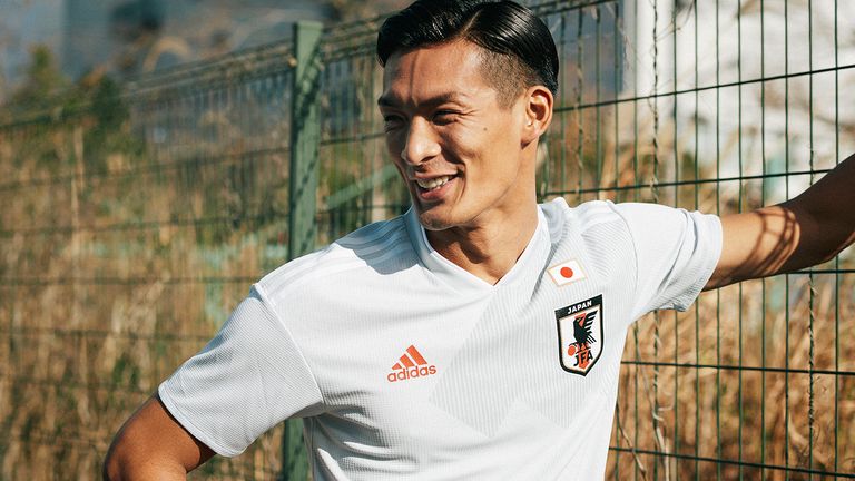 Makino Tomoaki models the new Japan World Cup 2018 away shirt (credit: adidasUK)