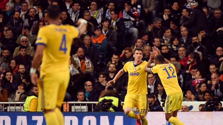 Mario Mandzukic is congratulated after scoring his second goal
