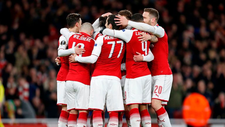 Arsenal celebrate Aaron Ramsey's goal against CSKA