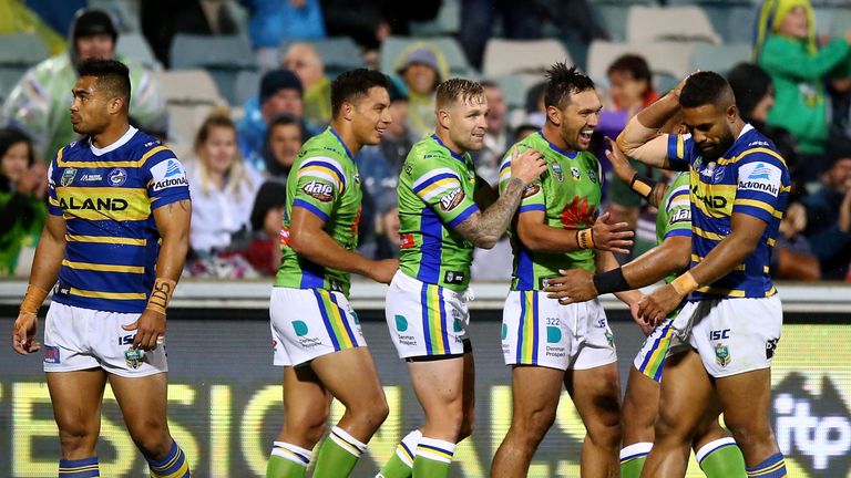 Jordan Rapana of the Raiders celebrates scoring a try against the Eels