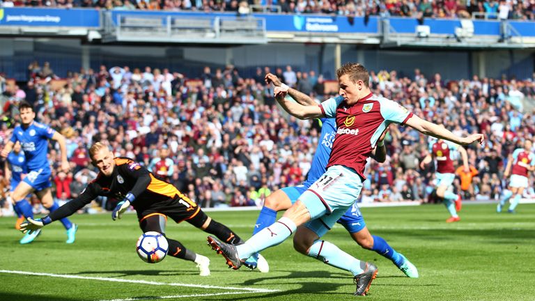 Burnley's Chris Wood scores his side's first goal of the game in the Premier League match against Leicester City