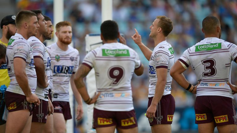 Daly Cherry-Evans, hear speaking to his Manly team mates, allegedly had a altercation with team mate Jackson Hastings on the training paddock