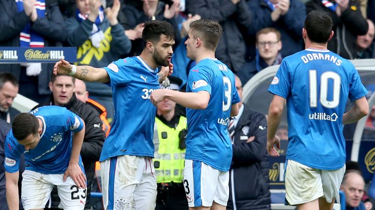 Daniel Candeias celebrates scoring Rangers' second goal against Hearts