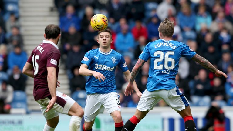 Declan John and Jason Cummings (right) battle for the ball with Connor Randall