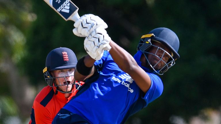Delray Rawlins hits a six during the third match of last month's ECB North v South Series