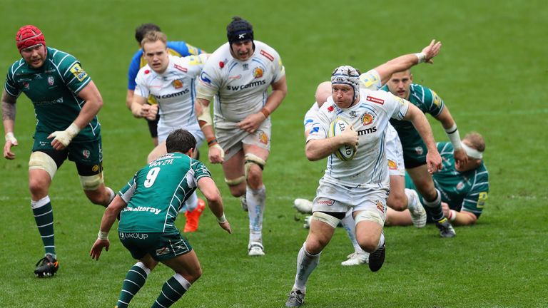 Thomas Waldrom makes a break past the London Irish defence
