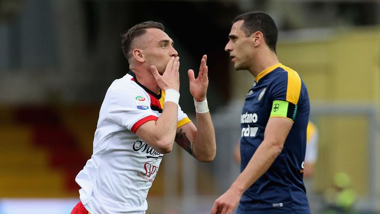 Gaetano Letizia of Benevento celebrates after scoring his team's opening goal against Hellas Verona